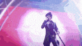a man in a military uniform is holding a sword in front of a purple background