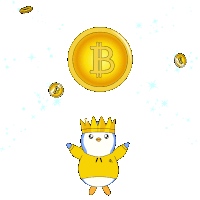 a penguin wearing a crown is surrounded by gold coins and a gold coin with the letter b on it