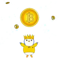 a penguin wearing a crown is surrounded by gold coins and a gold coin with the letter b on it