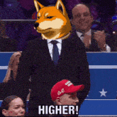 a man wearing a maga hat says higher in front of a man in a suit