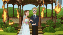 a bride and groom are standing in front of a gazebo that is on fire