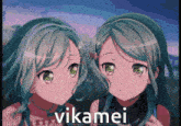 two anime girls with green hair are standing next to each other and the word vikamei is on the bottom right