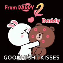 a cartoon of a rabbit kissing a brown bear with the words from daddy 2 daddy goodnight kisses
