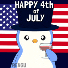 a penguin wearing a top hat holds a glass of wine in front of an american flag