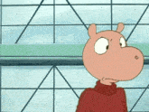 a cartoon character in a red sweater is looking at another character