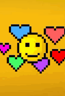 a pixel art of a smiley face with hearts around it .