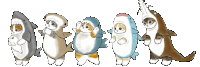 a group of animals dressed in shark costumes are standing next to each other .