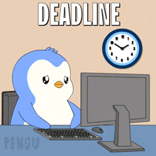 a cartoon of a penguin sitting at a desk with a computer and a clock behind it that says deadline