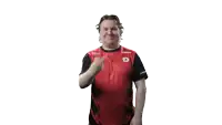 a man in a red shirt with the letter d on the front