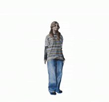 a woman in a striped shirt and wide leg jeans is standing with her arms outstretched