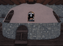 a cartoon drawing of a stone building with a window and a s on it