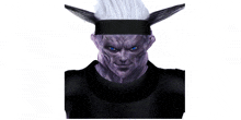 a man with purple hair and blue eyes is wearing a headband