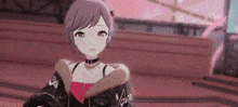 a girl with short hair is wearing a fur jacket and a choker necklace .