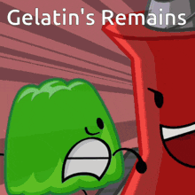a picture of a green jelly and a red object with the words gelatin 's remains