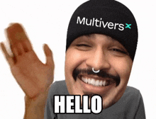 a man wearing a beanie that says multivers x on it