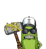 a cartoon drawing of a pickle wearing sunglasses and a hat holding a hammer with bananas on it