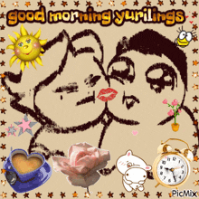 a picture of a couple kissing with the words " good morning yurilings " at the top