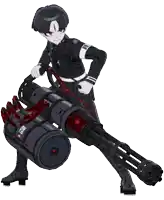 a cartoon character is holding a large gun with a red stripe on the barrel