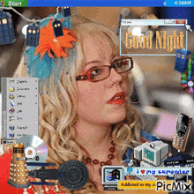 a woman with glasses and a flower in her hair has a good night message on her computer screen