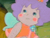 a cartoon girl with purple hair and a flower on her necklace