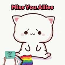 a cartoon cat laying down holding a sign that says " love is love "