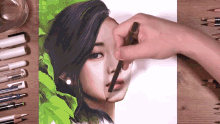 a person is drawing a picture of a woman 's face with a pencil