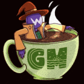 a cartoon of a wizard in a cup with the letter gm