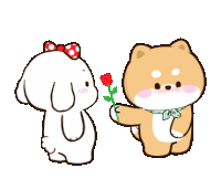 a cartoon dog is giving a rose to a rabbit with a bow