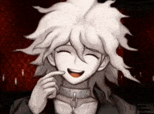 a cartoon character with white hair and a choker around his neck is smiling