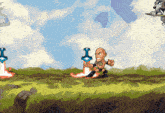 a cartoon of a bald man holding a sword in a field