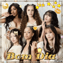 a group of women standing next to each other with the words bom dia in the corner