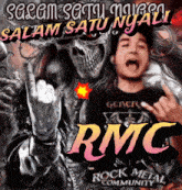 a poster for rmc rock metal community with a skeleton and a man