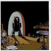 a cartoon drawing of a room with a r2d2 behind a door
