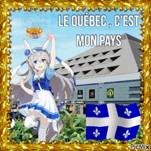 a picture of a girl in front of a building with the words le quebec c'est mon pays