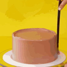 chocolate is being poured onto a cake on a wire rack
