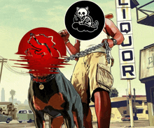 a man walking a dog with a liquor sign behind him