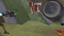 a video game character is standing next to a rock in the grass .