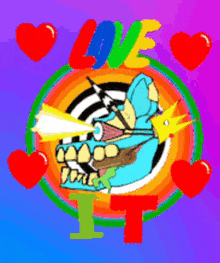 a colorful drawing of a skull with the words love it surrounded by red hearts