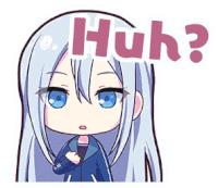 a cartoon of a girl with long white hair and blue eyes says huh .