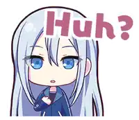 a cartoon of a girl with long white hair and blue eyes says huh .