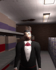 a man in a tuxedo with blood on his face stands in a hallway