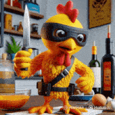 a chicken wearing a mask is holding a knife in front of a bottle of hailuo ai