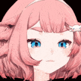 a close up of a girl 's face with blue eyes and pink hair
