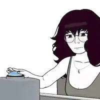 a cartoon of a woman pressing a button with her hand