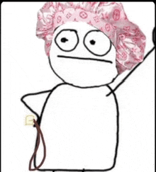 a drawing of a person wearing a pink shower cap and holding a purse .