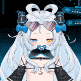 a girl with a pacifier in her mouth is wearing heart shaped glasses