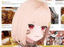 a girl with pink hair and red eyes is standing in front of a collage of food images