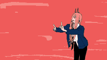 a drawing of a girl with long hair and orange eyes giving a thumbs up