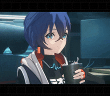 a girl with blue hair is holding a black cup with the letter n on it