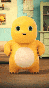 a cartoon character is standing in a living room